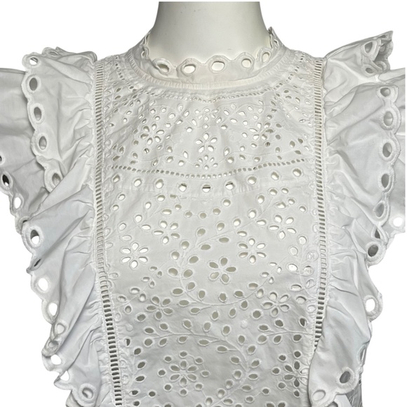 Veronica Beard Calisata Ruffled Eyelet-Embroidered Top White Cotton Size 2 - Picture 3 of 11